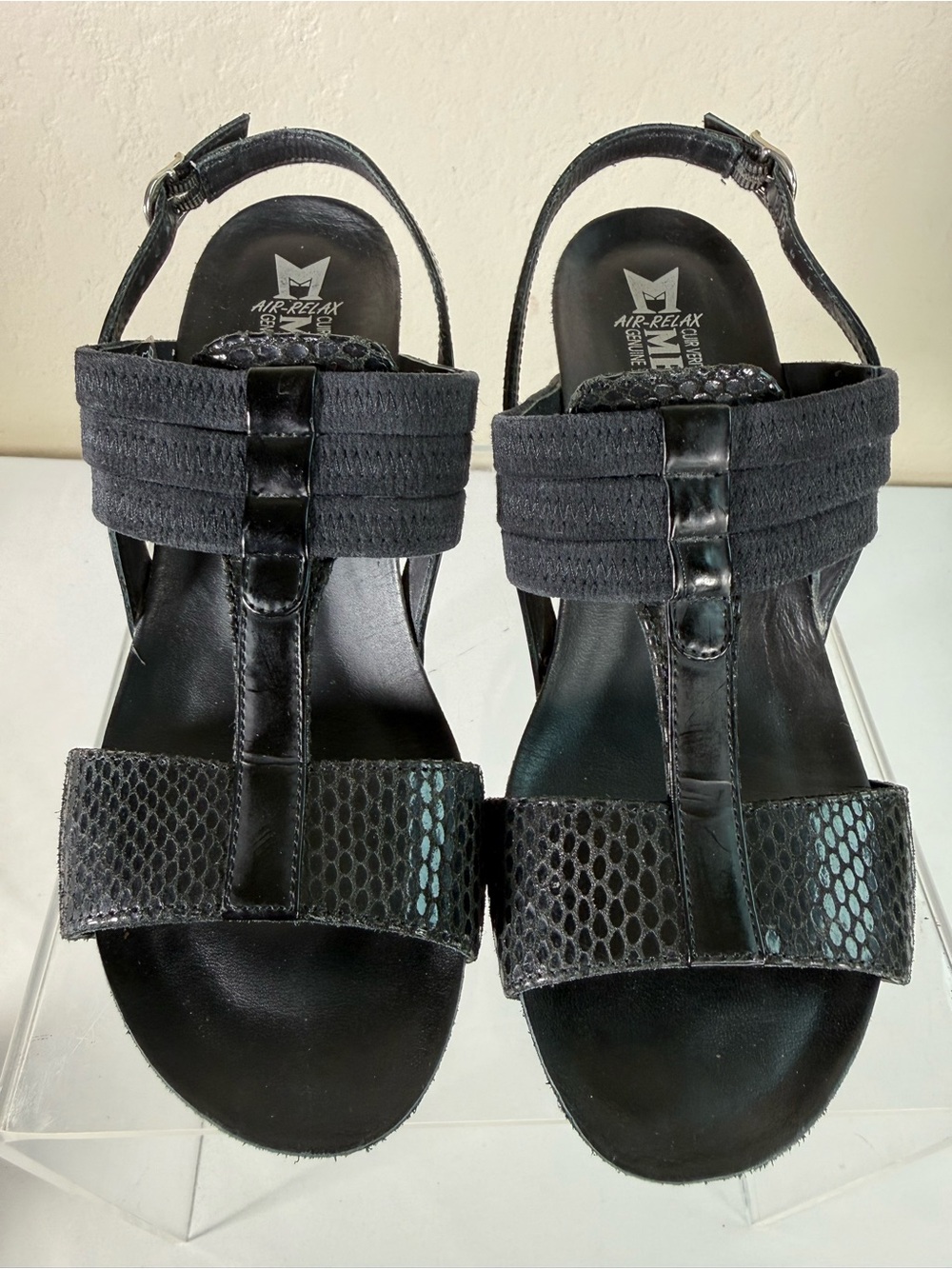 Mephisto Air Relax Black Leather Strap Wedge Snakeskin Print Sandals Size 37 EU
